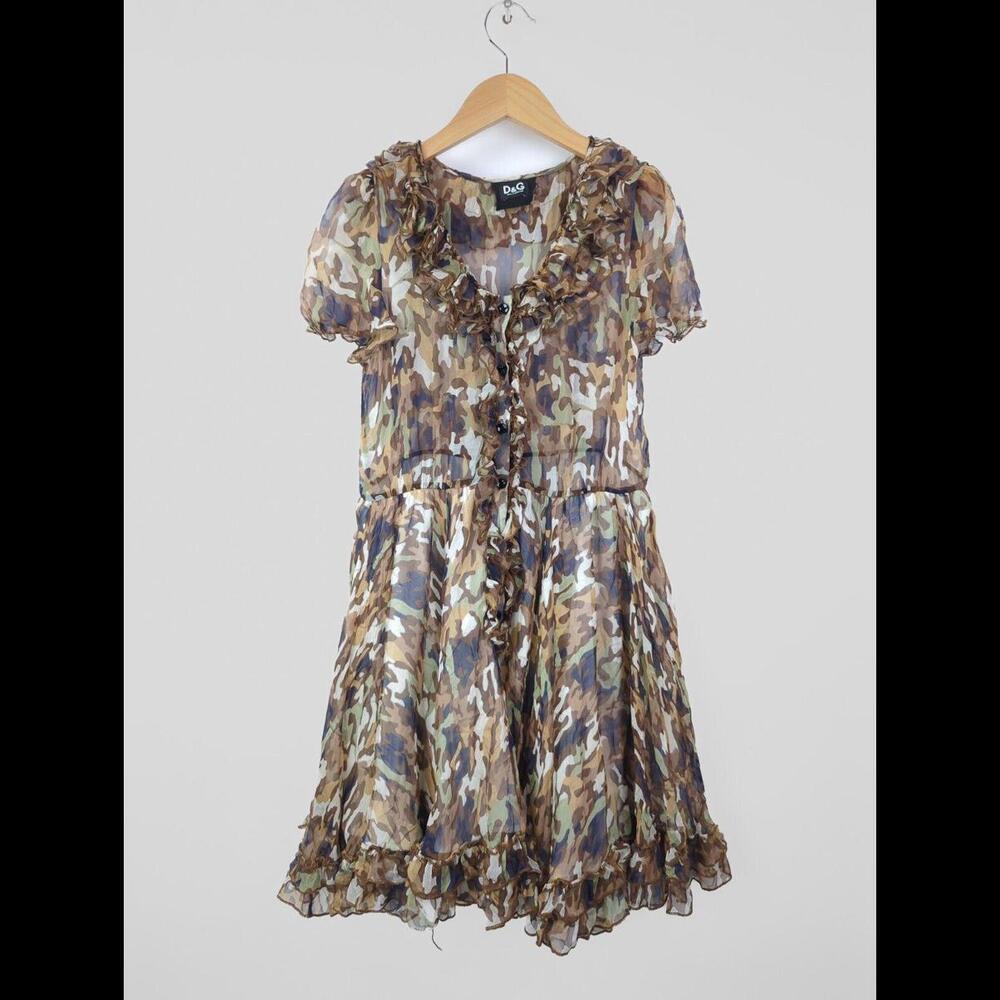 D&G DOLCE & GABBANA Women's Sz IT 38 US 2 S 100% Silk Ruffle Dress Brown Camo